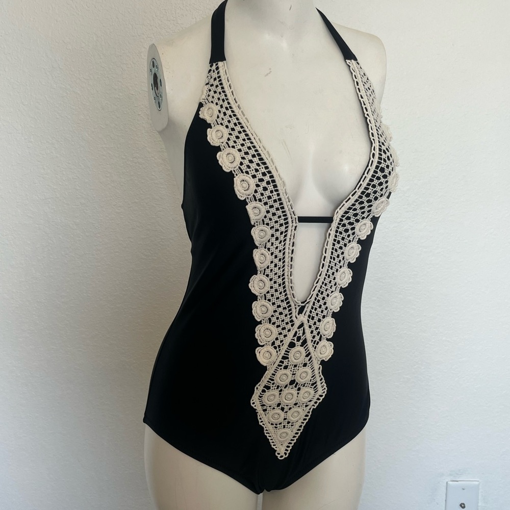 Mossimo Supply Co. Black One piece Swimsuit with Crochet detail.